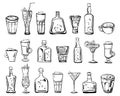Vector outline hand drawn sketch illustration with different cocktails, coffee drinks and alcohol bottles Royalty Free Stock Photo
